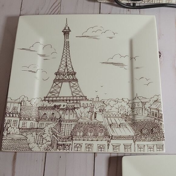 222 Fifth CITY SCENES Sepia Appetizer/dessert PARIS Eiffel Tower Plates Lot 4 - Picture 4 of 7